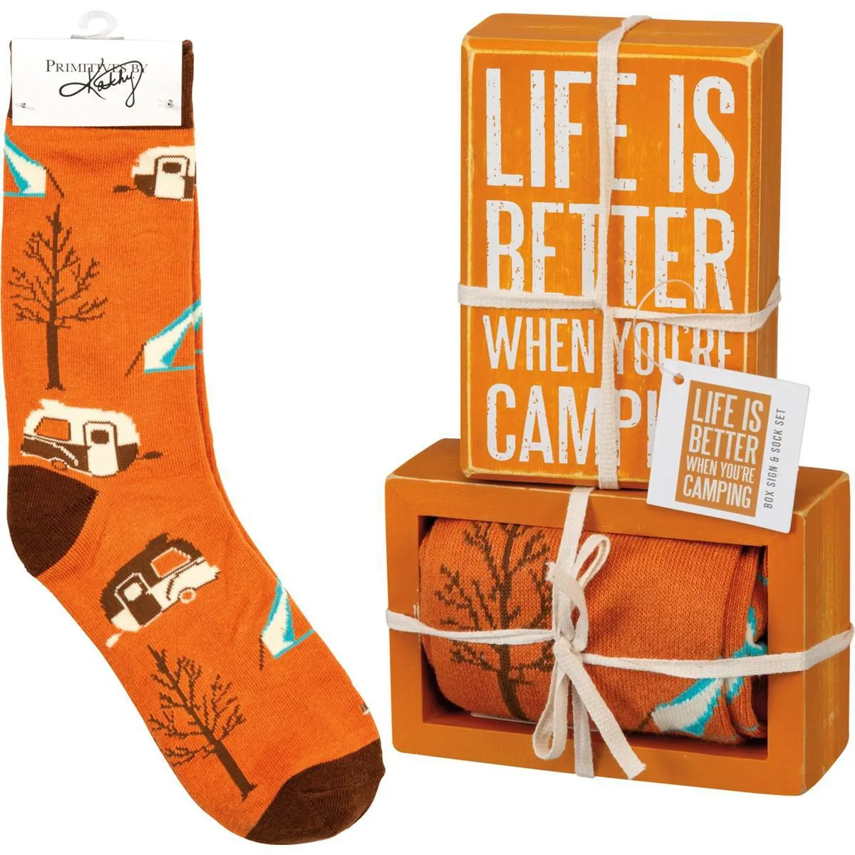 LIFE IS BETTER CAMPING BOX SIGN & SOCK SET