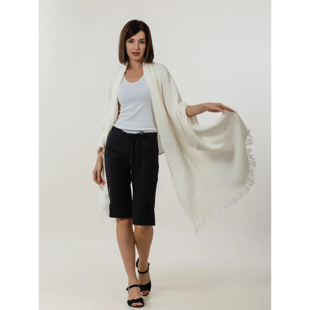Linen Shawl with Long Fringes - Stonewashed - Cream Color - Loose Open Weave - Luxury Thick Linen