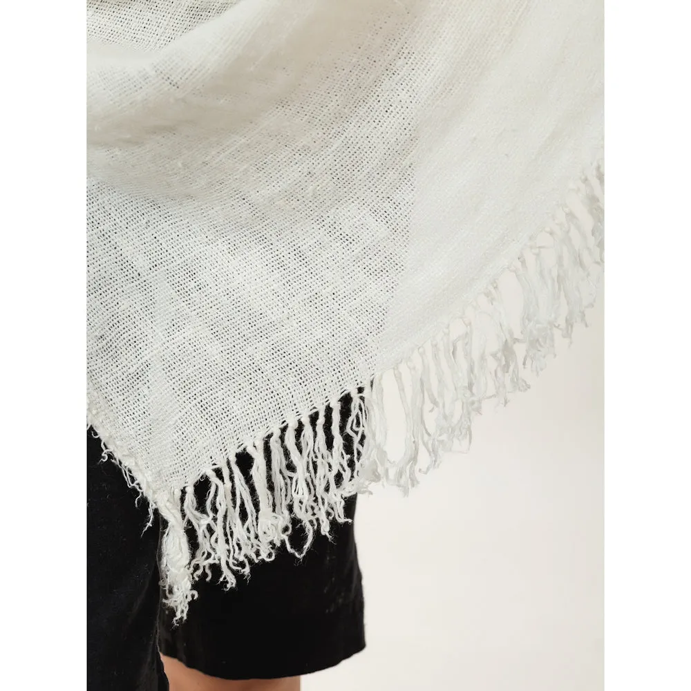 Linen Shawl with Long Fringes - Stonewashed - Cream Color - Loose Open Weave - Luxury Thick Linen