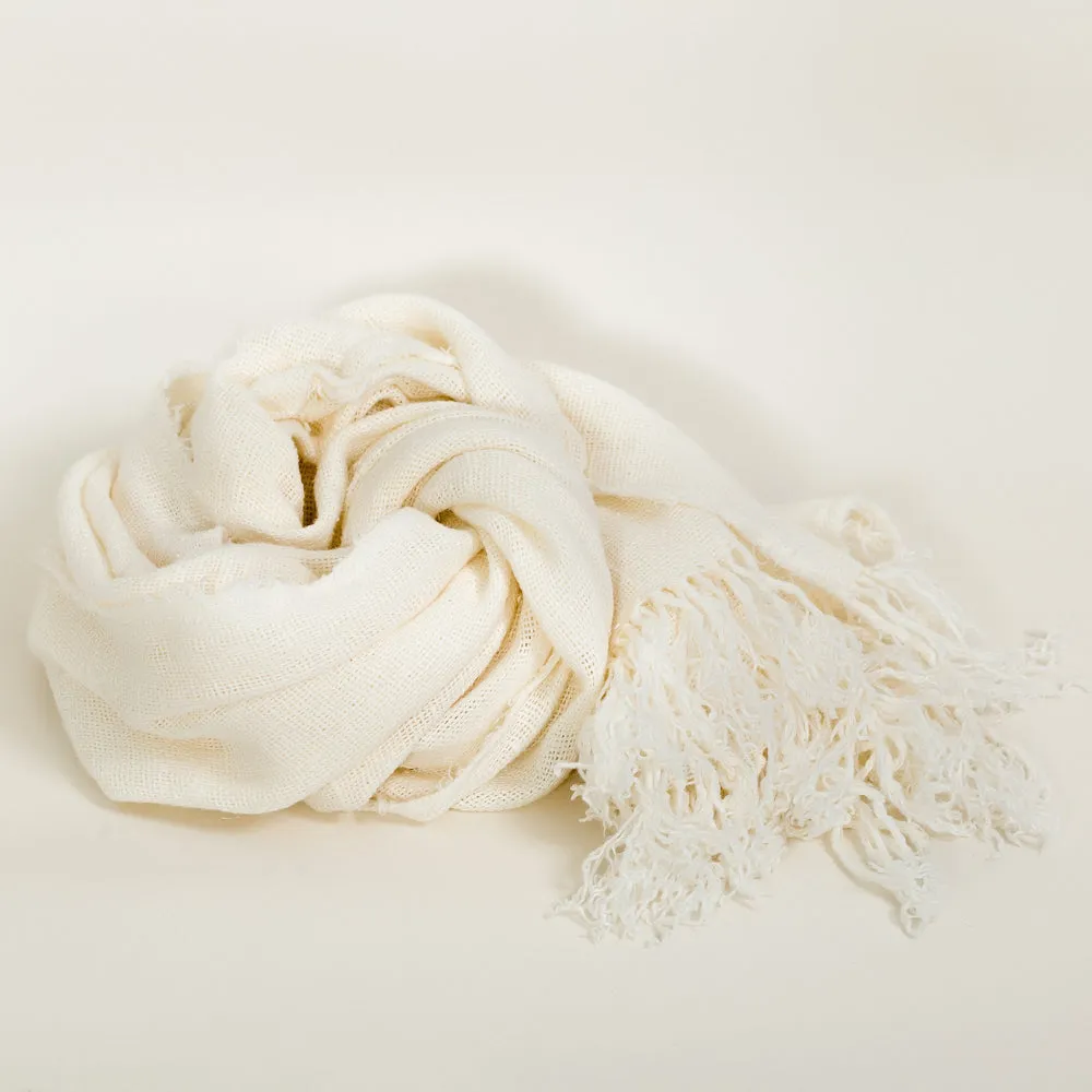 Linen Shawl with Long Fringes - Stonewashed - Cream Color - Loose Open Weave - Luxury Thick Linen