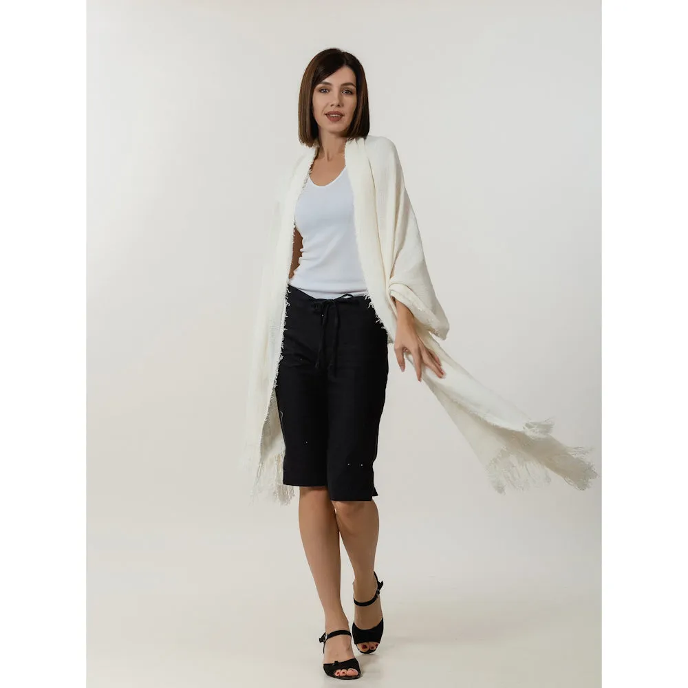 Linen Shawl with Long Fringes - Stonewashed - Cream Color - Loose Open Weave - Luxury Thick Linen