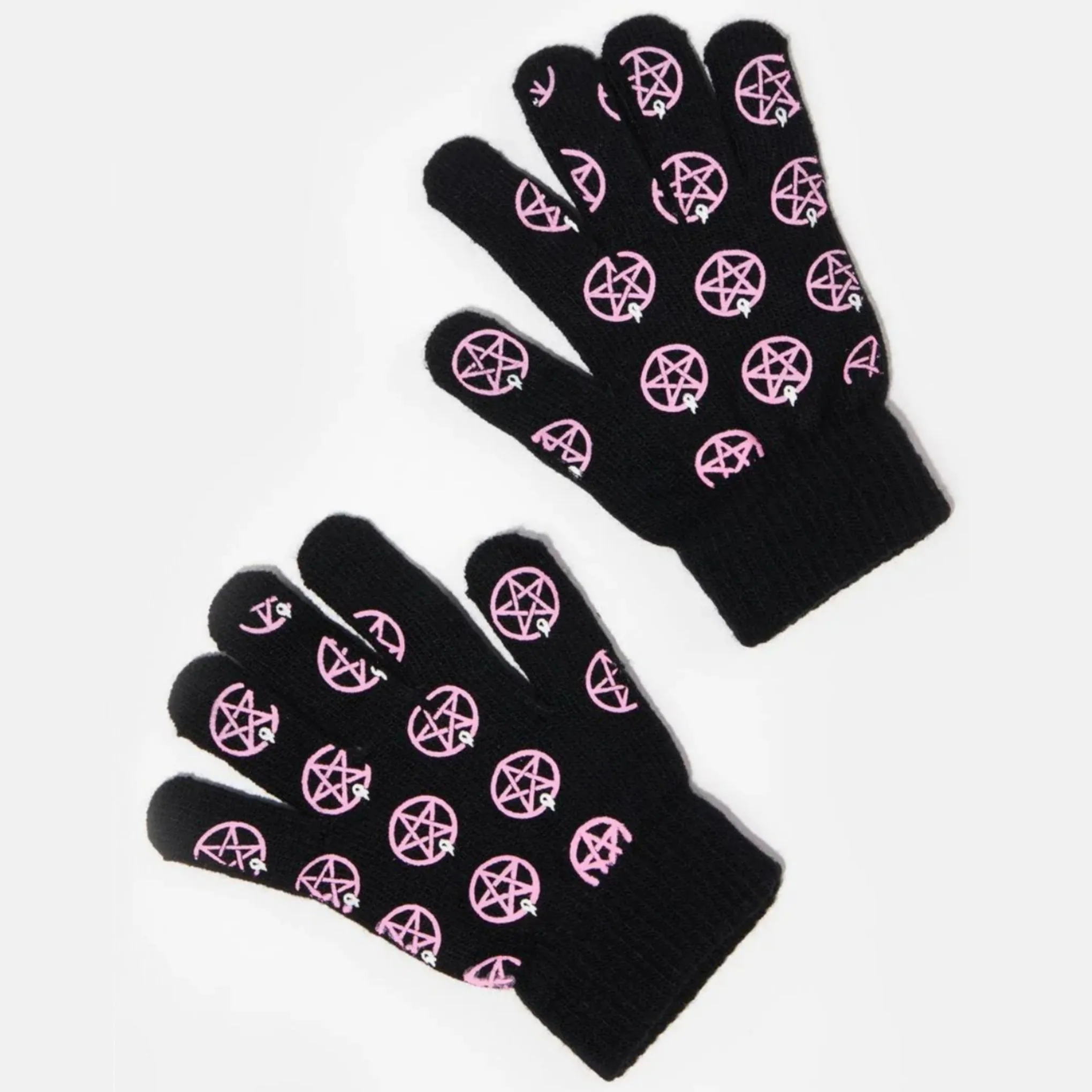 Pentagram Knit Gloves | Black Pink Knit Ribbed Cuffs