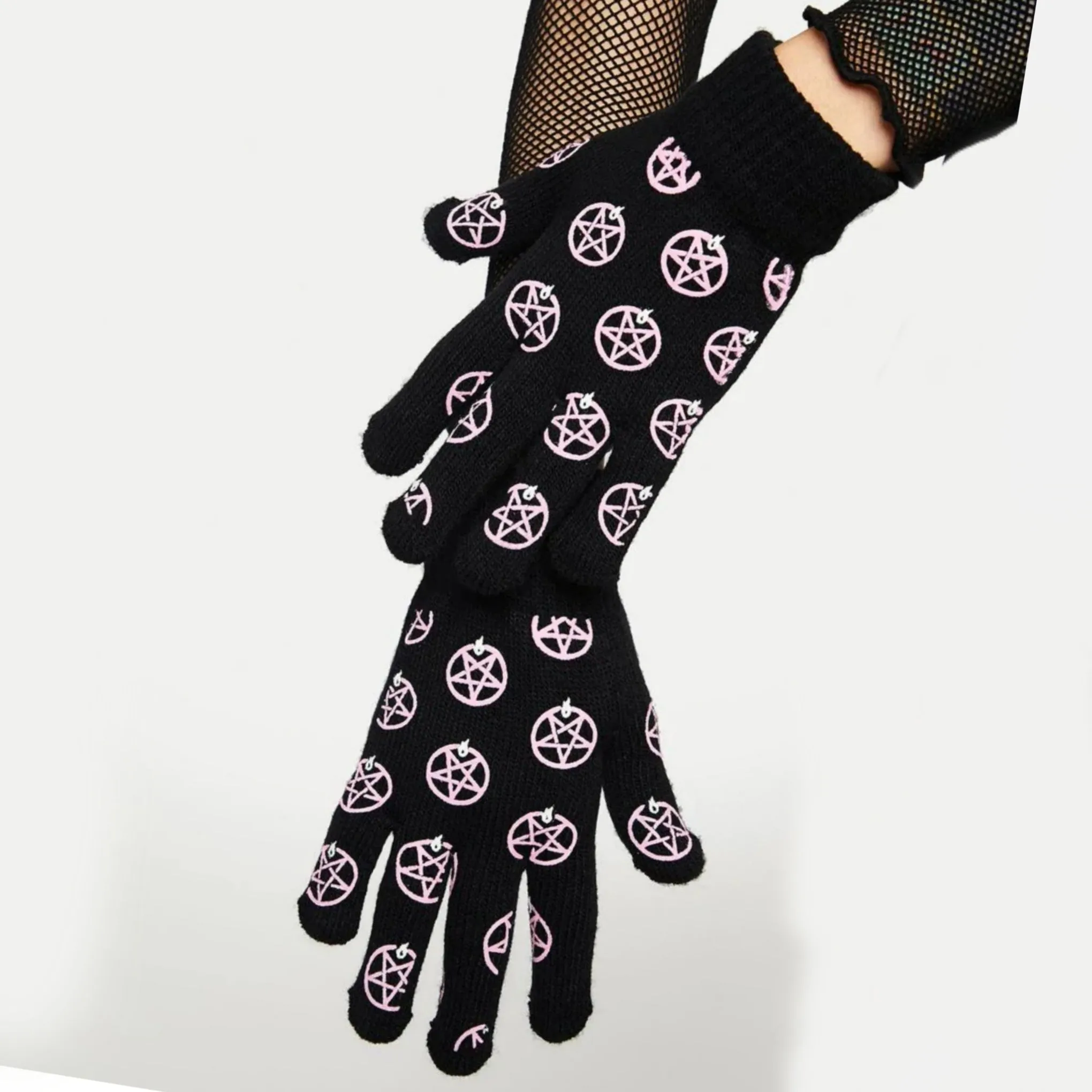 Pentagram Knit Gloves | Black Pink Knit Ribbed Cuffs