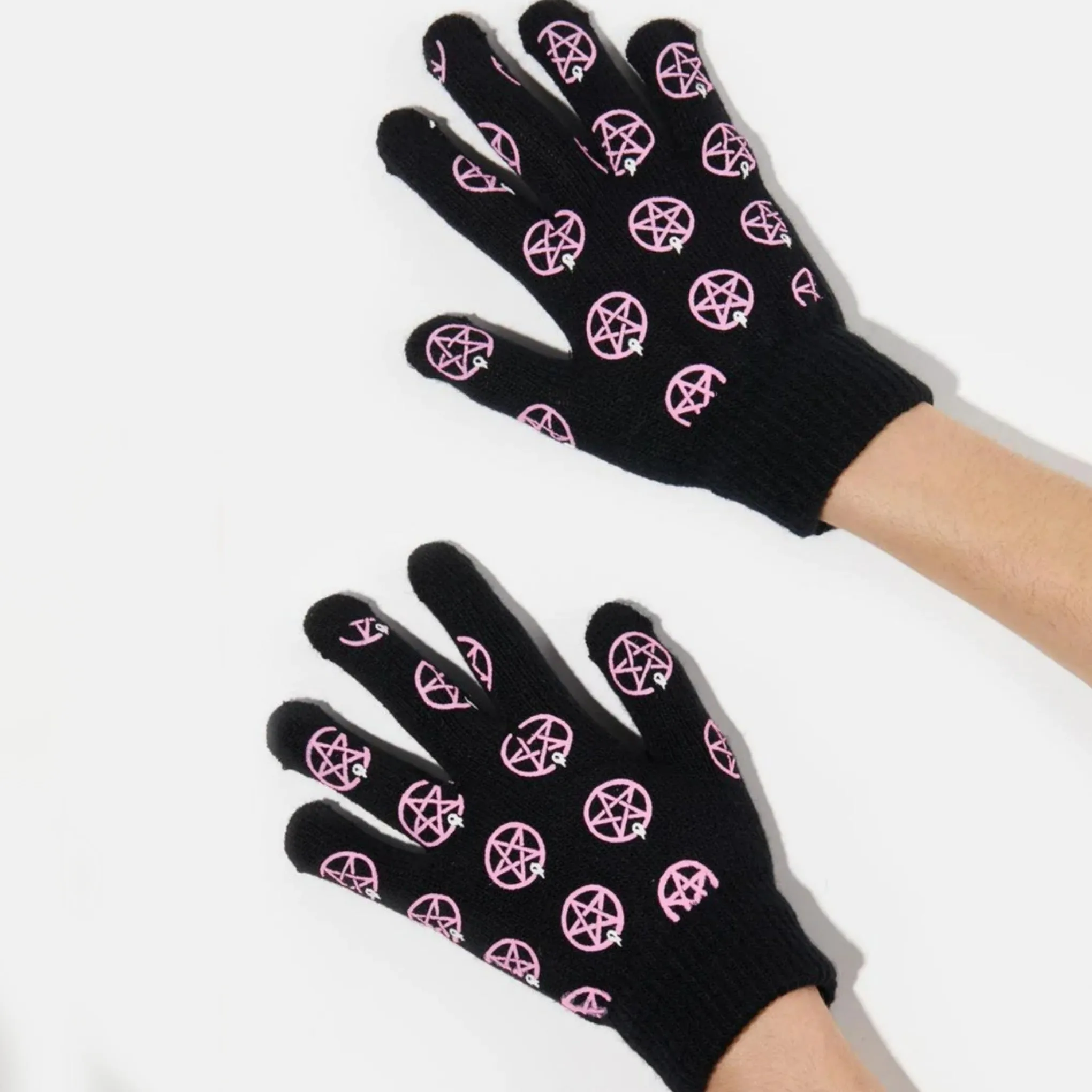 Pentagram Knit Gloves | Black Pink Knit Ribbed Cuffs