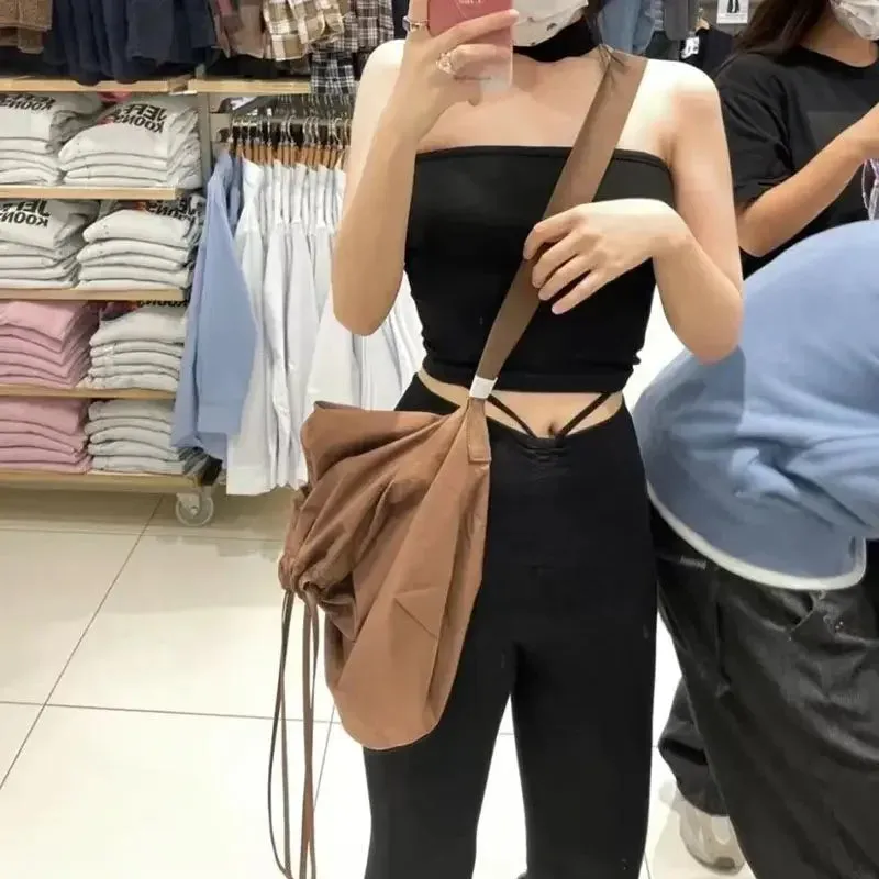 UAKISS  -  New Solid Men Women Drawstring Crossbody Bag Casual Simple Trendy All Match Handbags Fashion Y2k Aesthetic Shoulder Bags Korean