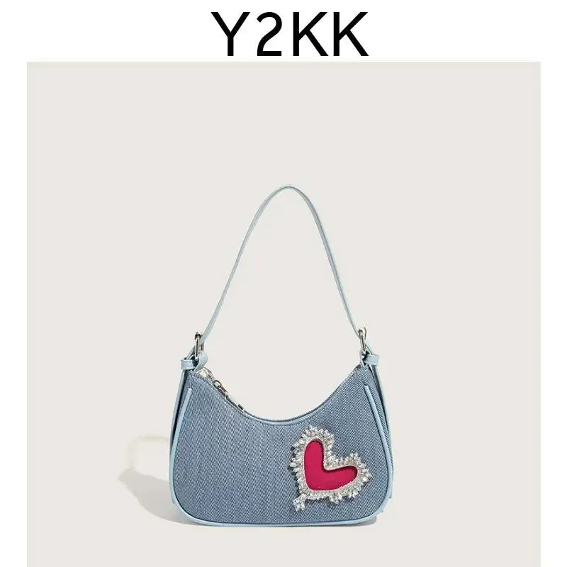 UAKISS  -  Retro Denim Y2k Bags Purse Women Harajukuu Heart Rhinestone Zipper Casual Shoulder Bags Ladies Vintage Trendy Handbag