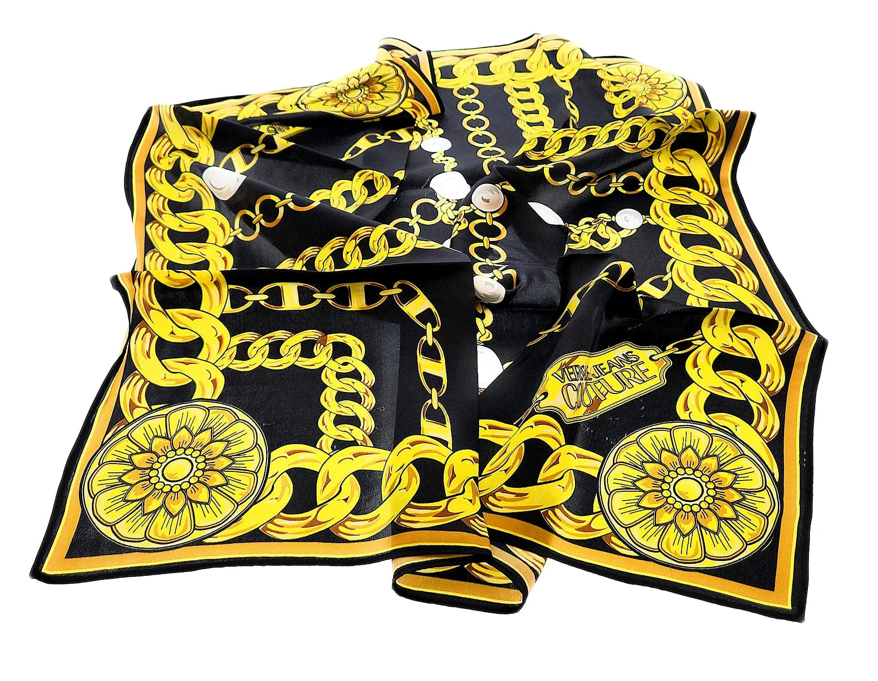 Versace Jeans Couture Silk Cloth Foulard Satin Chain Pearls Black Gold, black, One size